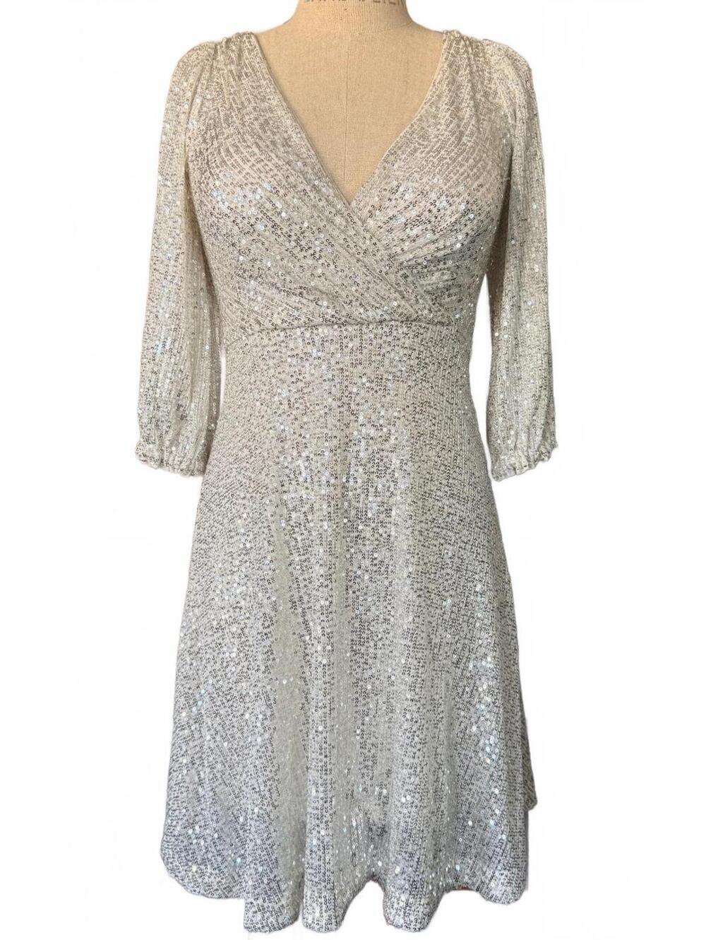 DKNY Silver Sequin Faux Wrap Cocktail Party Dress Size 2